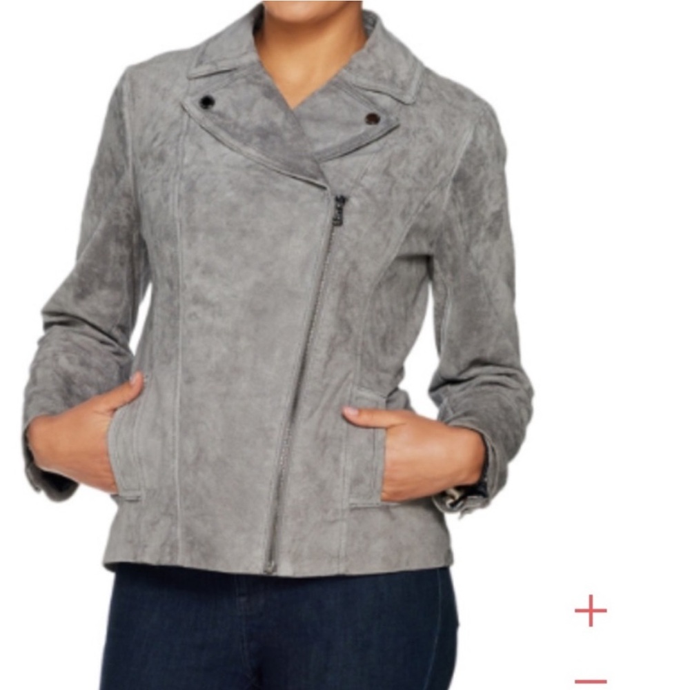 NWOT Isaac Mizrahi Live! Gray Suede Leather Moto Zipper Jacket Size 6